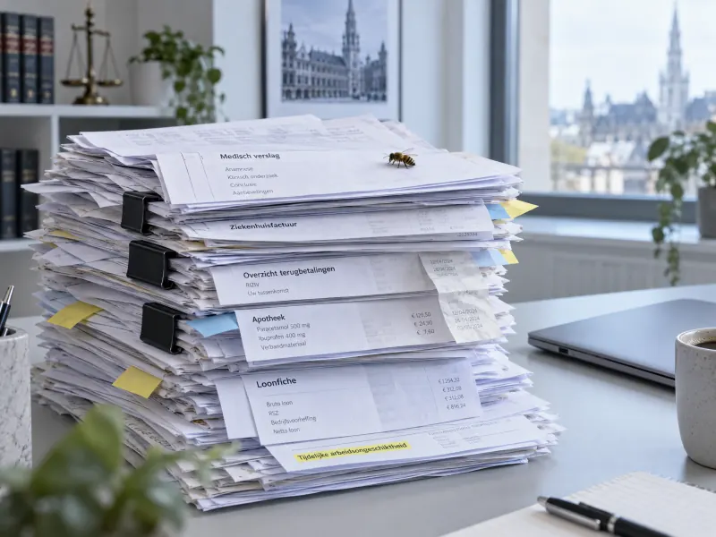 Een hoge stapel medische verslagen, facturen en loonfiches met een bij erop
