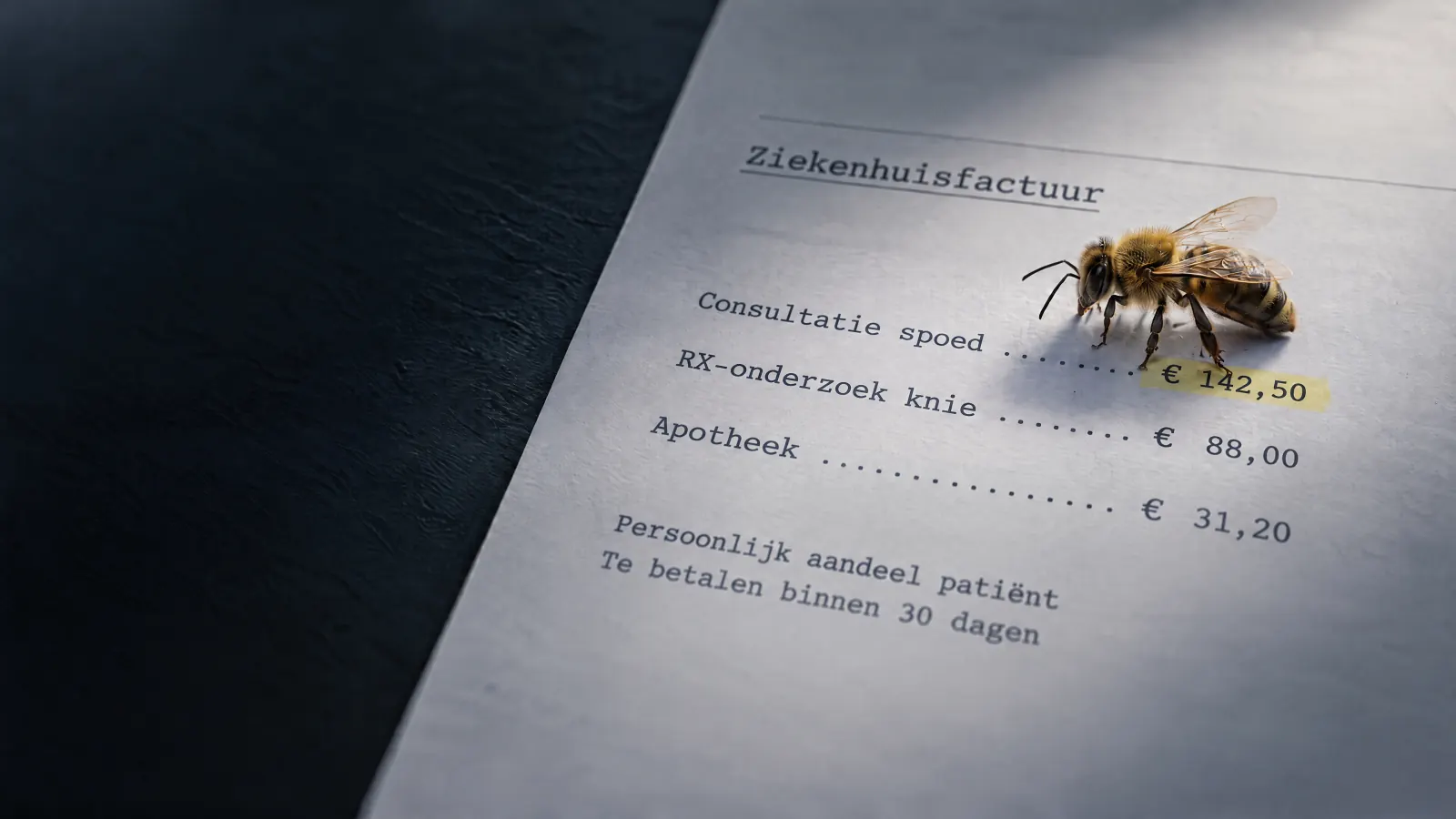 Dezelfde bij op een ziekenhuisfactuur, naast het gemarkeerde bedrag van 142,50 euro
