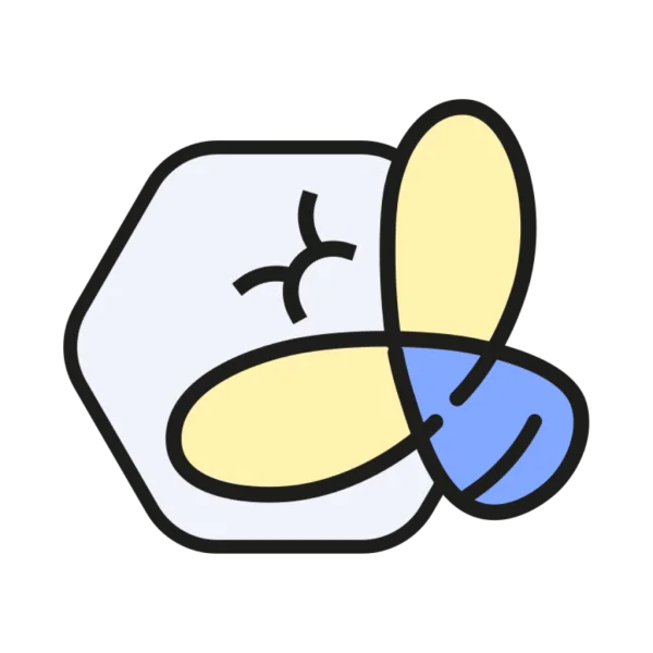Het huidige ClaimBee-logo: een getekende bij met gele vleugels en een blauw lijf voor een lichtblauwe honingraat, met zwarte omlijning